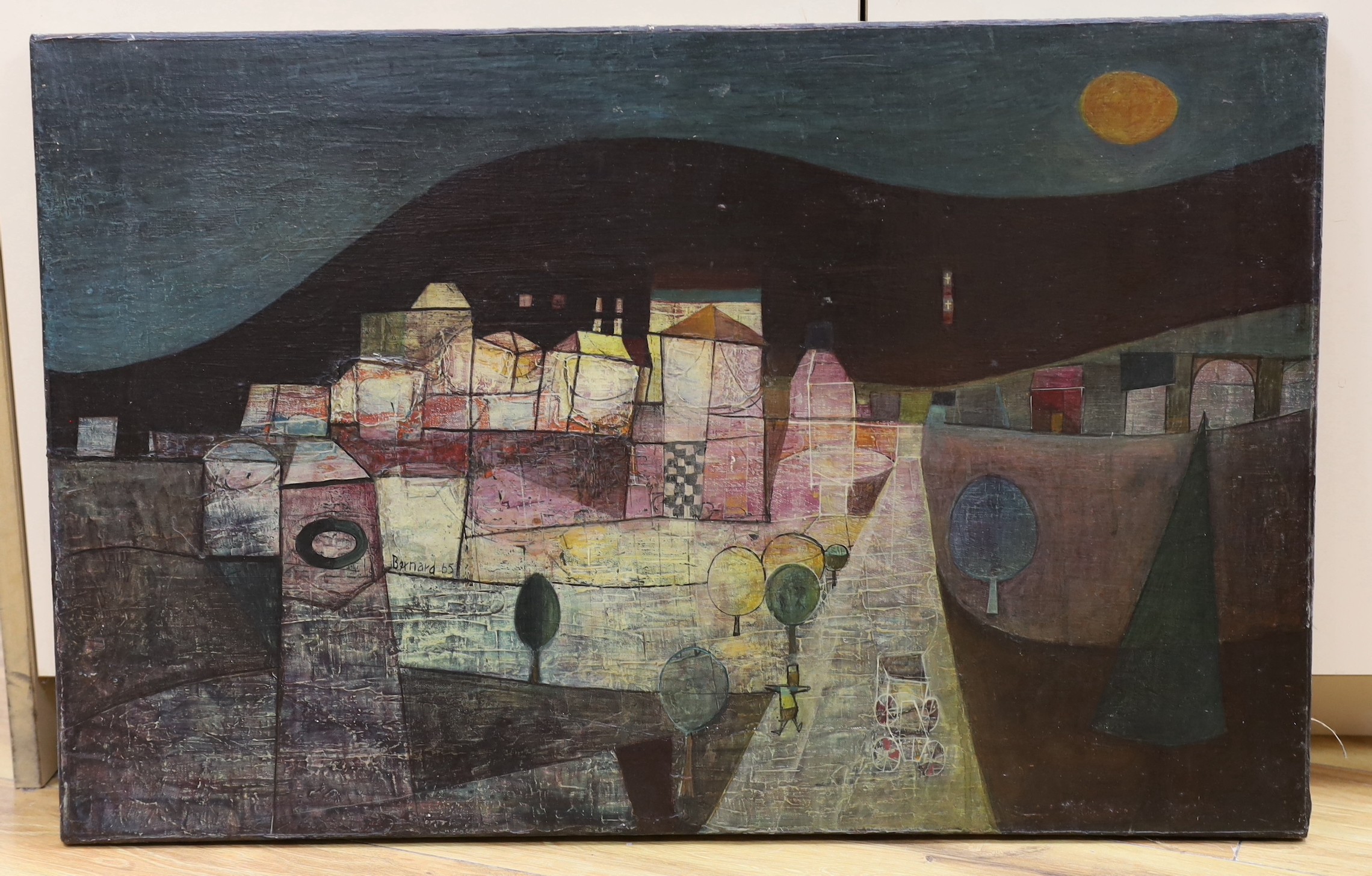 Bernard 1965, oil on canvas, Stylised cityscape, signed and dated '65, 46 x 17cm, unframed